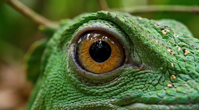 Extreme Macro Close-Up of a Bright Green Lizard's Eye Blinking Slowly