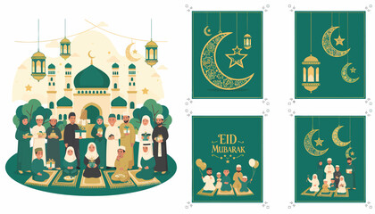 Fototapeta premium Eid Mubarak Celebration with Mosque and Crescent Moon Illustrations.