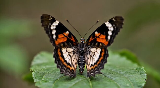 Beautiful Butterfly with Orange, Black, and White Wings Resting on a Green Leaf