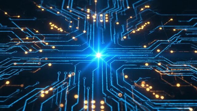 Abstract 3D render of a futuristic blue circuit board with glowing lines and illuminated data points, depicting a central processing unit and digital information flow on a dark background.
