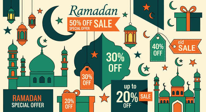 Ramadan Sale with Mosque and Crescent Moon.