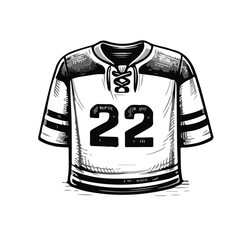 Hand-drawn ice hockey jersey with number 22, lace-up neck design, classic team uniform illustration in black and white engraving style, isolated sports apparel clipart.