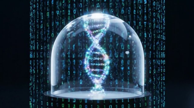 Protected DNA helix in glass dome with binary code background