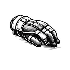 Engraved illustration of a pair of ice hockey gloves, padded protection with fingers, classic sports protective gear, detailed black and white line art, isolated.