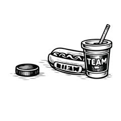 Hand-drawn illustration of a stadium drink cup with lid, straw and team logo print, sports fan beverage, black and white engraving style, isolated clipart.