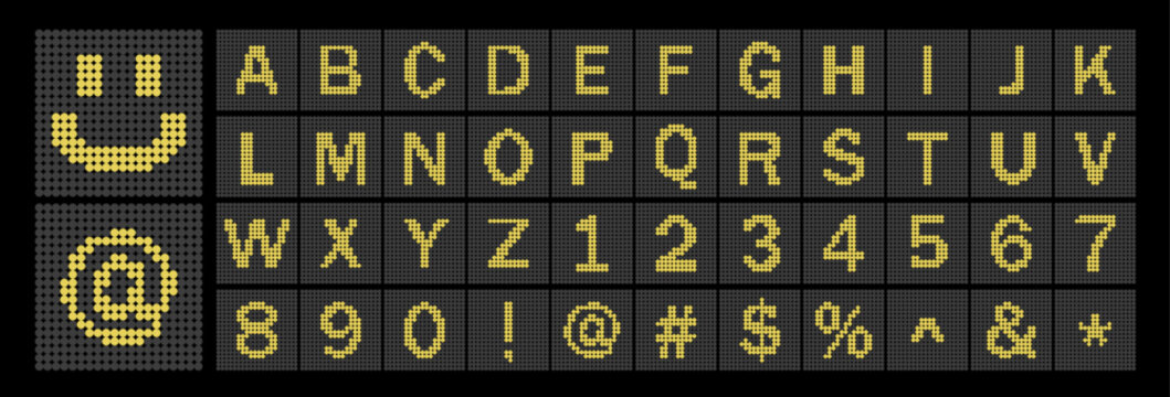 LED Digital Alphabet and Numbers Display Set, Electronic Dot Matrix Airport Board Font, Yellow Light Sign Characters Vector Illustration