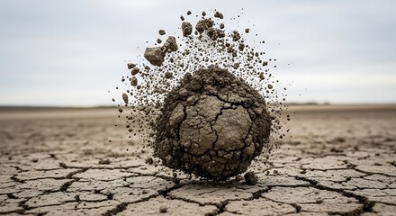 Fototapeta na wymiar Dramatic explosion of dry earth in cracked desert landscape