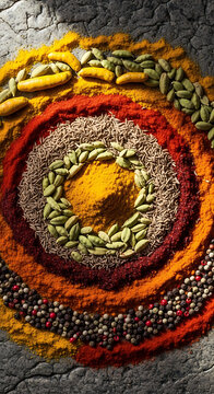 Colorful assortment of spices arranged in concentric circles on a rustic surface.