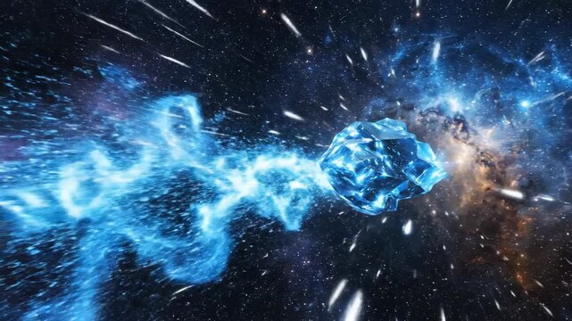 Glowing blue crystal formation in space amidst stars and cosmic dust