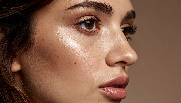 uma foto macro do rosto de uma mulher  de perfil  mostrando os detalhes de cheias de
