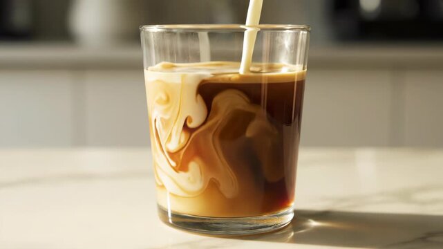 Milk being poured into a glass of coffee, creating a beautiful swirl effect.