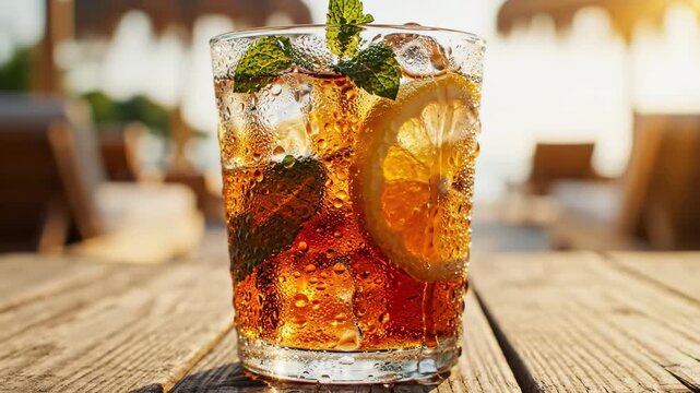 Refreshing Iced Tea with Lemon and Mint Garnishes on Wooden Table.