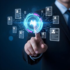 Fototapeta premium Business hand interacting with AI recruitment interface and candidate profile holograms, artificial intelligence talent management system, futuristic hiring automation and HR technology concept