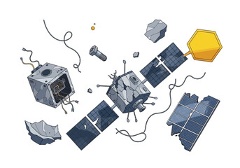 Illustration of a shattered satellite in space debris featuring exposed wiring and broken solar panels © Fauzan Adzima