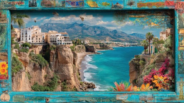 Mediterranean coastal town nestled in cliffs with sea views