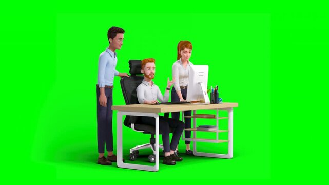 3D Animated Three Man and Woman Colleagues Working Together at Office Desk Discussing Project Working on Computer Sharing Ideas on Green Background