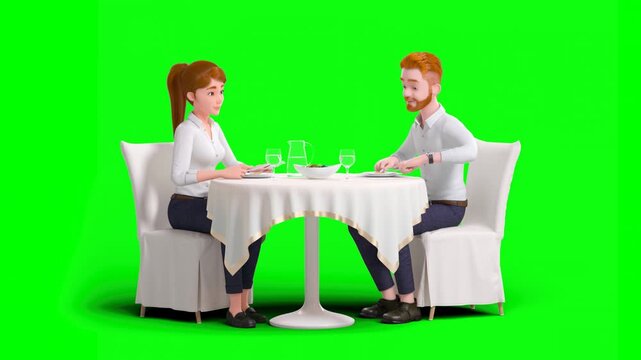 3D Animation of Two White Male and Female Colleagues or Businesspeople Enjoying Dinner Together at Table and Talking on Green Background