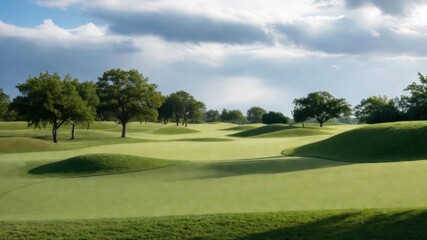 Naklejka premium Scenic golf course with rolling hills and sunlit trees.