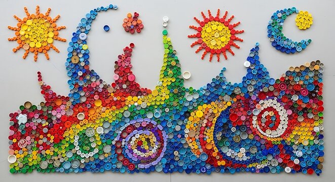 Vibrant plastic bottle cap art depicting a colorful landscape with suns and moon
