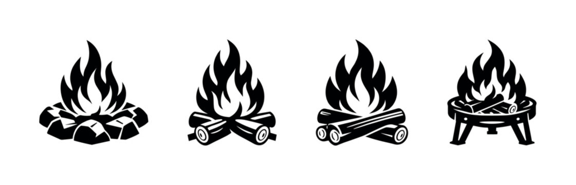 Campfire vector icons set: bonfire symbols, flame silhouettes collection