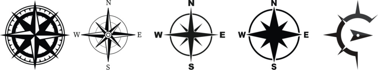 Transparent PNG available nautical compass navigation icons set. Perfect for marine, sailing, travel themes. black symbols isolated on white background. From simple arrows to complex geometric patt © MR Vector Store