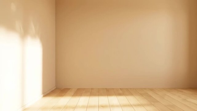 Empty room with sunlight streaming through a window casting shadows on the floor.