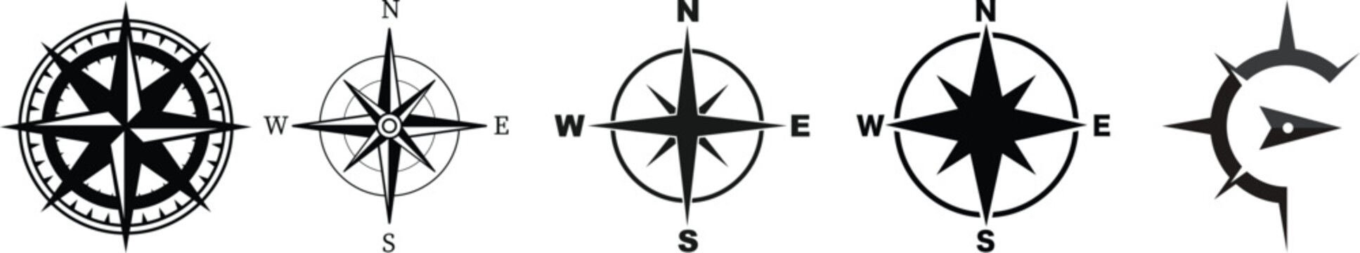 Transparent PNG available
nautical compass navigation icons set. Perfect for marine, sailing, travel themes. black symbols isolated on white background. From simple arrows to complex geometric patt