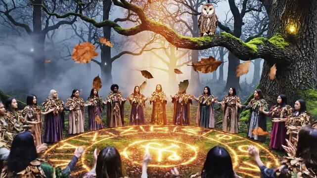 Mystical women coven performing ritual in foggy forest with glowing magic
