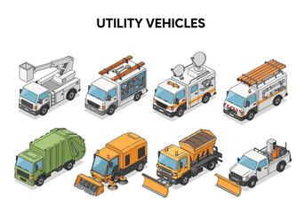 Collection of isometric utility and service vehicles for various urban and industrial applications