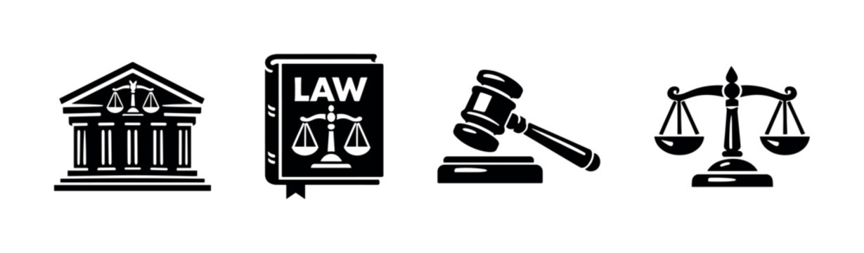 Legal vector icons set: justice, law symbols, court and scales
