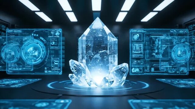 Futuristic laboratory with holographic interface and glowing blue screens