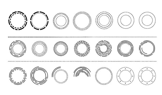 Minimal Black Dashed and Dotted Circle Frames Vector Round Geometric Border Set