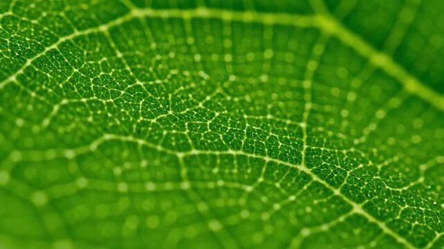 Macro shot of a vibrant green leaf showing intricate vein patterns and cellular structure.