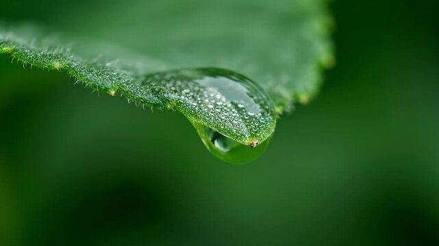 Macro shot of a water droplet falling from a green leaf.
