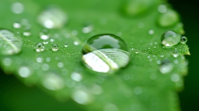 Macro shot of water droplets on a vibrant green leaf surface.