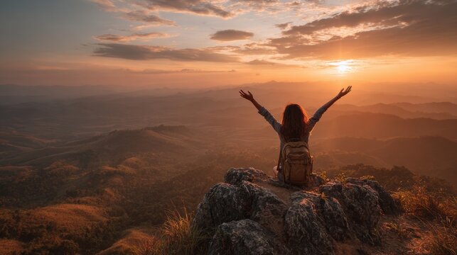 Woman with arms raised celebrating mountain sunset