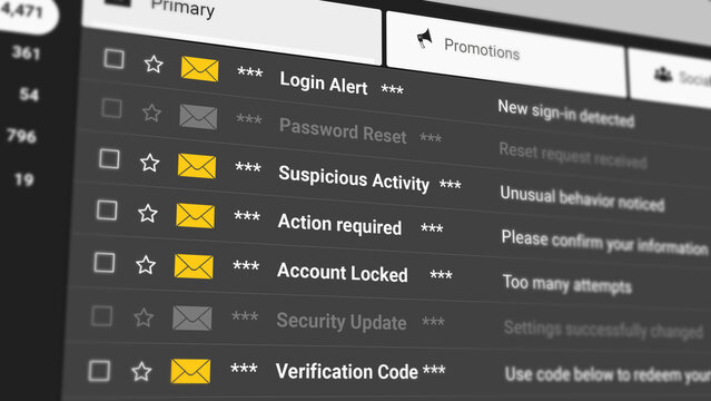 Security and Account Email Scrolling List on Dark Background. Login Alerts, Password Reset, Verification Notices, Suspicious Activity, Warnings and Privacy Protection Updates. 2D Illustration