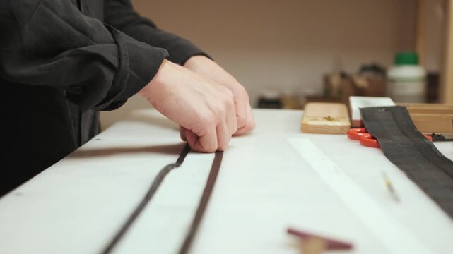 Handheld side angle close up of artisan aligning leather belt layers on workshop table. Shallow depth of field emphasizes hand pressure, edge positioning and detailed handmade production process.