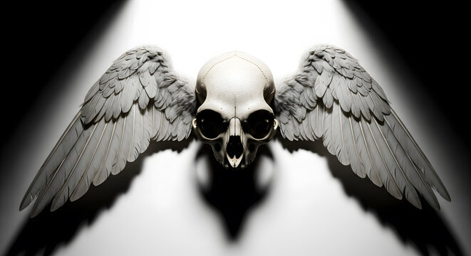 Dramatic Goth Fantasy Concept of a Human Skull with Large Angelic Wings, Emerging from Darkness with Ethereal Light and Shadows. High quality photo