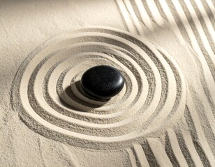 Naklejka premium A serene and peaceful Zen garden with a black stone surrounded by concentric circles in the sand, evoking calmness and tranquility.
