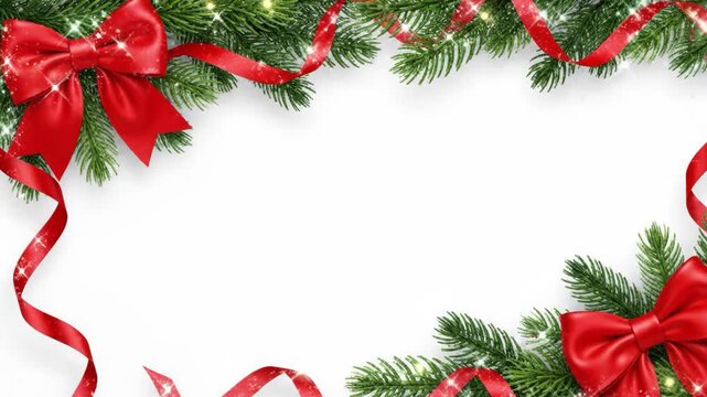 Christmas fir branches with red bows and ribbons border