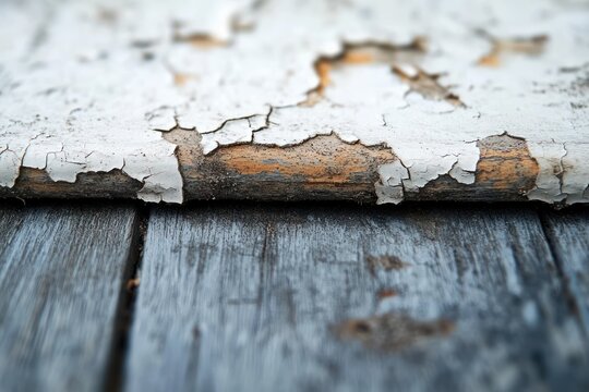 Close-up of peeling white paint revealing warm brown wood above weathered gray wooden boards, textured and timeworn, evoking melancholic decay