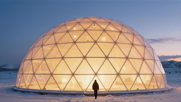 Modern Geodesic Dome Structure Surrounded by Snow at Dusk