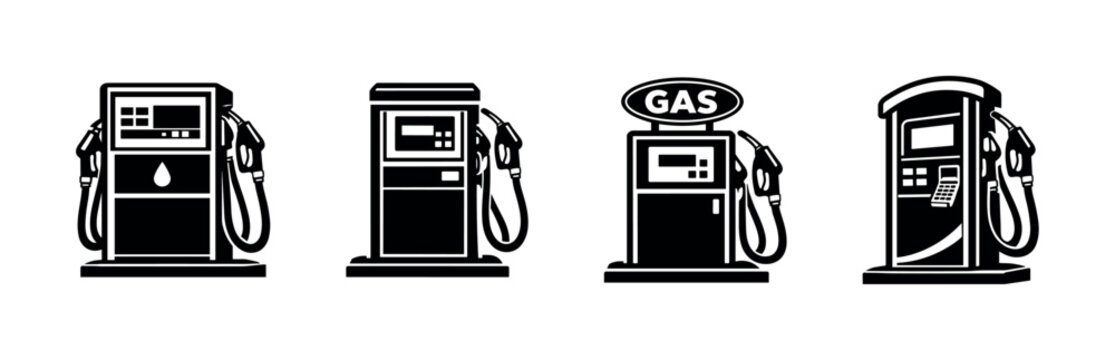 Gas pump vector icons set. classic fuel dispenser symbols. gasoline station graphics.
