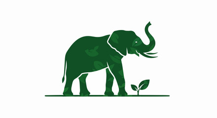 Obraz premium Green elephant silhouette with raised trunk and small plant symbolizing nature and growth