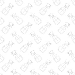 Seamless diagonal pattern of outlined spray bottles in monochrome line art on white background, simple household design for packaging, fabric, wallpaper, and cleaning product branding
