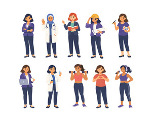 Obraz premium Flat vector set of diverse professional women including doctor, engineer, teacher, scientist, artist, fitness trainer, singer and businesswoman. Concept of career diversity, empowerment and equality.
