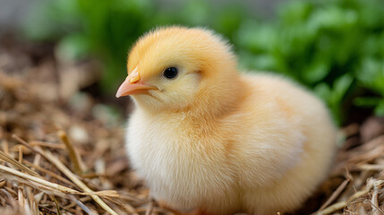 Fluffy baby chick standing in fresh spring grass in soft morning light with shallow depth of field for easter greeting cards seasonal banners or holiday packaging design