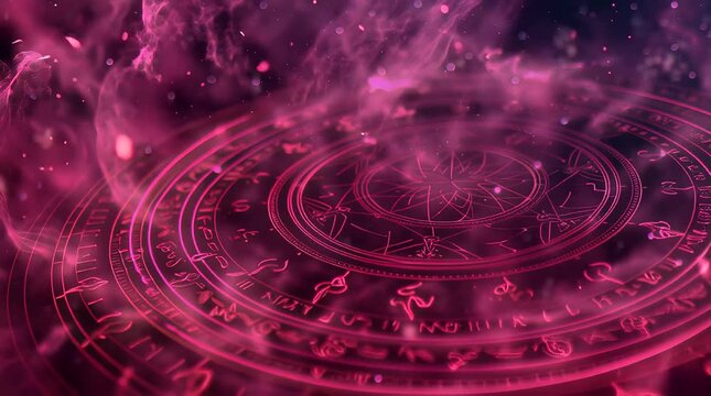 Mystical astrology chart with pink smoke and glowing runes