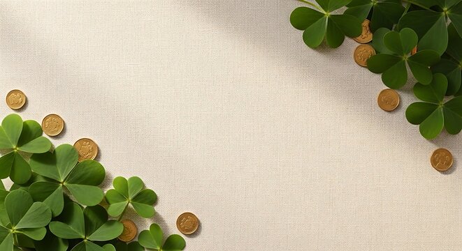 A bunch of four-leaf clovers and coins on a textured beige background st patrick's day copy space